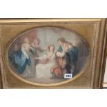 Four decorative late 18th Century and later colour prints, including a pair of oval figural scenes.