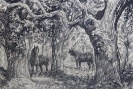 Anton Lock (1893-1970), Two horses in an oak wood, signed, charcoal, dedicated to George and Olive