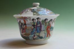 A Chinese lidded bowl decorated with figures in polychrome enamels, character mark to base, 14cm