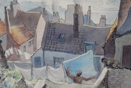 Margaret Seaton (1917-2003), Rooftops at Whitby with lady and cat, signed, watercolour over pen