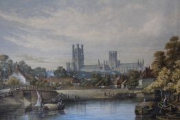 E F Law (British 19th Century), A topographical view of a cathedral town, signed and dated 1873,