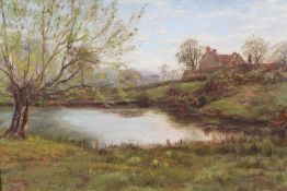 William Luker Senr (1828-1905), Burnham, Buckinghamshire - willows and cottage by a river, signed