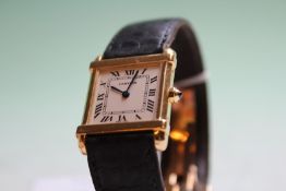 A gentleman's Cartier pink 18k gold tank Chinoise wristwatch, on black leather strap, No.