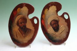 A pair of artist's mahogany palettes, painted with portrait scenes of Maley Hafid and a Tupien, 24 x