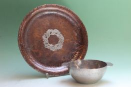 Hugh Wallis: a pewter quaiche, 11cm diameter, together with a copper circular dish with silvered