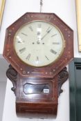 A Regency mahogany and brass inlaid drop dial wall clock, the 12inch painted dial indistinctly