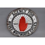 A Rare Rudge -Whitworth cycles Agency circular enamel advertising sign centred with red hand in
