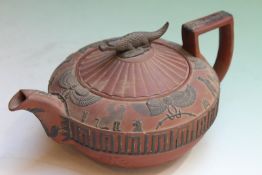 A Spode terracotta Etruscan style lidded teapot, with crocodile finial