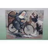 Fred Aris (b.1932-?), Nun on a bike, signed and dated '63, oil on board, 40 x 51cm.