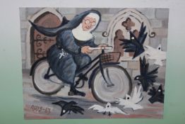 Fred Aris (b.1932-?), Nun on a bike, signed and dated '63, oil on board, 40 x 51cm.