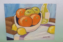 Fred Aris (b.1932-?), Still life of fruit, signed, oil on board, 41 x 50cm.