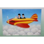 Fred Aris (b.1932-?), Laurel and Hardy in a plane, signed, oil on board, 36 x 51cm.