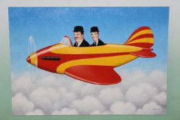 Fred Aris (b.1932-?), Laurel and Hardy in a plane, signed, oil on board, 36 x 51cm.