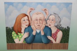 Fred Aris (b.1932-?), The Man and his Two Wives, signed, oil on board, 38.5 x 48.5cm.