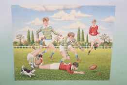 Fred Aris (b.1932-?), Rugby match, signed, watercolour, 41 x 51cm.
