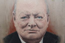 Fred Aris (b.1932-?) Portrait of Winston Churchill, signed, oil on board, 46 x 35cm.