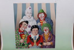 Fred Aris (b.1932-?), Five clowns, signed, oil on board, 51 x 43cm.