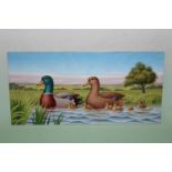 Fred Aris (b.1932-?), Family of ducks, signed, dated 1992 verso, oil on board, 25 x 51cm.