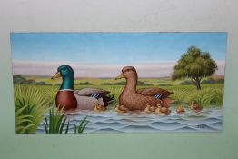 Fred Aris (b.1932-?), Family of ducks, signed, dated 1992 verso, oil on board, 25 x 51cm.