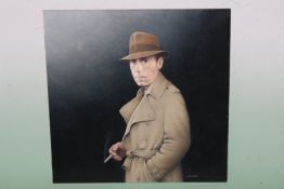 Fred Aris (b.1932-?), Portrait of Humphrey Bogart, signed, oil on board, 43 x 43cm.