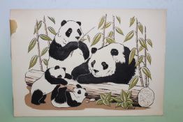 Fred Aris (b.1932-?), Pandas, signed, watercolour, 38 x 54cm.