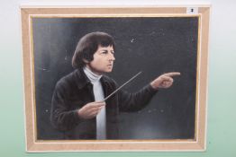 Fred Aris (b.1932-?), Portrait of Andre Previn, signed, oil on board, 36 x 46cm.