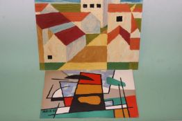 Fred Aris (b.1932-?), Two abstracts of buildings, oils, one signed verso, the other signed and dated