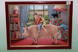 Fred Aris (b.1932-?), Pig in living room, signed, oil on board, 34 x 46cm.