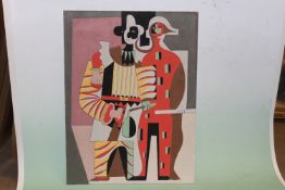 Fred Aris (b.1932-?), Pierrot and Harlequin after Picasso, oil on board, 51 x 38cm.