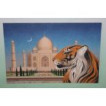 Fred Aris (b.1932-?), Tiger and Taj Mahal, signed, dated 2009 verso, oil on board, 30 x 46cm.