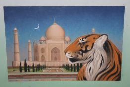 Fred Aris (b.1932-?), Tiger and Taj Mahal, signed, dated 2009 verso, oil on board, 30 x 46cm.
