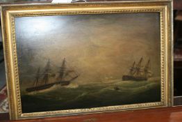 18th/19th Century English School, Warships in heavy seas off Gibraltar, oil on panel.