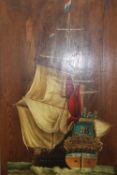 A decorative painted panel of an 18th Century warship under sail. Oil on oak panel. 100 x 59cm.