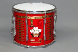 A military side drum to the Prince of Wales Own Royal Hussars, the body hand painted with regimental