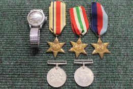 A group of five WWII Military Medals. together with military issue Cyma Wristwatch marked with broad