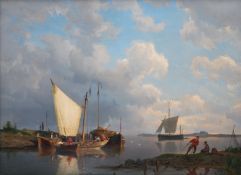 Pieter Christian Dommersen (Dutch 1834-1908), Fishing boats in a calm estuary, a pair, both signed