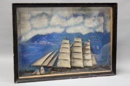 A 19th Century ship diorama. Clipper ship under full sail with polychrome decoration. Glazed case.