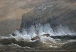 Frederick Beauclerk (19th Century), Ship off a coastline in a typhoon, the frame inscribed “Loss