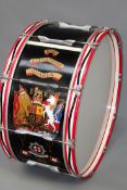 A military bass drum to the Coldstream Guards, the body hand painted with the Royal Arms, regimental