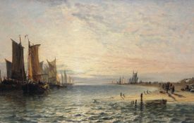 Arthur Joseph Meadows (1843-1907), Fishing boats off the Dutch coast at sunset with fisherfolk on