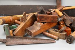 A large antique fitted pine ships carpenters tool chest together with various related tools.