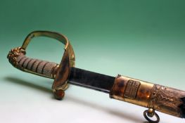 An 1827 Pattern Royal Naval Officer’s sword, 79cm pipe backed blade with spear point etched with