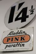 Aladin paraffin enamel sign and a pump price sign