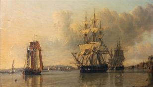 Attributed to John Ward of Hull (1798-1849), Merchantmen at anchor off Greenwich, oil on panel, 13 x