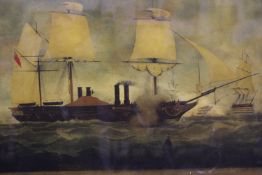 A reverse glass print depicting “H.M. War Steam Frigate “The Terrible” of 1847 tons and 800 horse