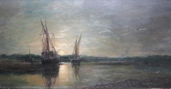 John Moore of Ipswich (1820-1902), Boats moored in an estuary by moonlight, signed and dated 1888,