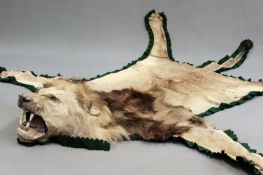 Taxidermy:- An antique early 20th Century lion skin with mounted head. Original sail cloth and