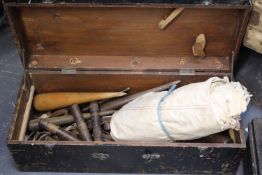 An Antique pine sailmakers tool box and various related tools. A sail and length of rope.