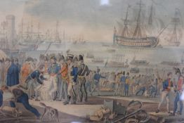 An antique Continental hand coloured print depicting a busy port with numerous British naval ships