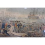 An antique Continental hand coloured print depicting a busy port with numerous British naval ships